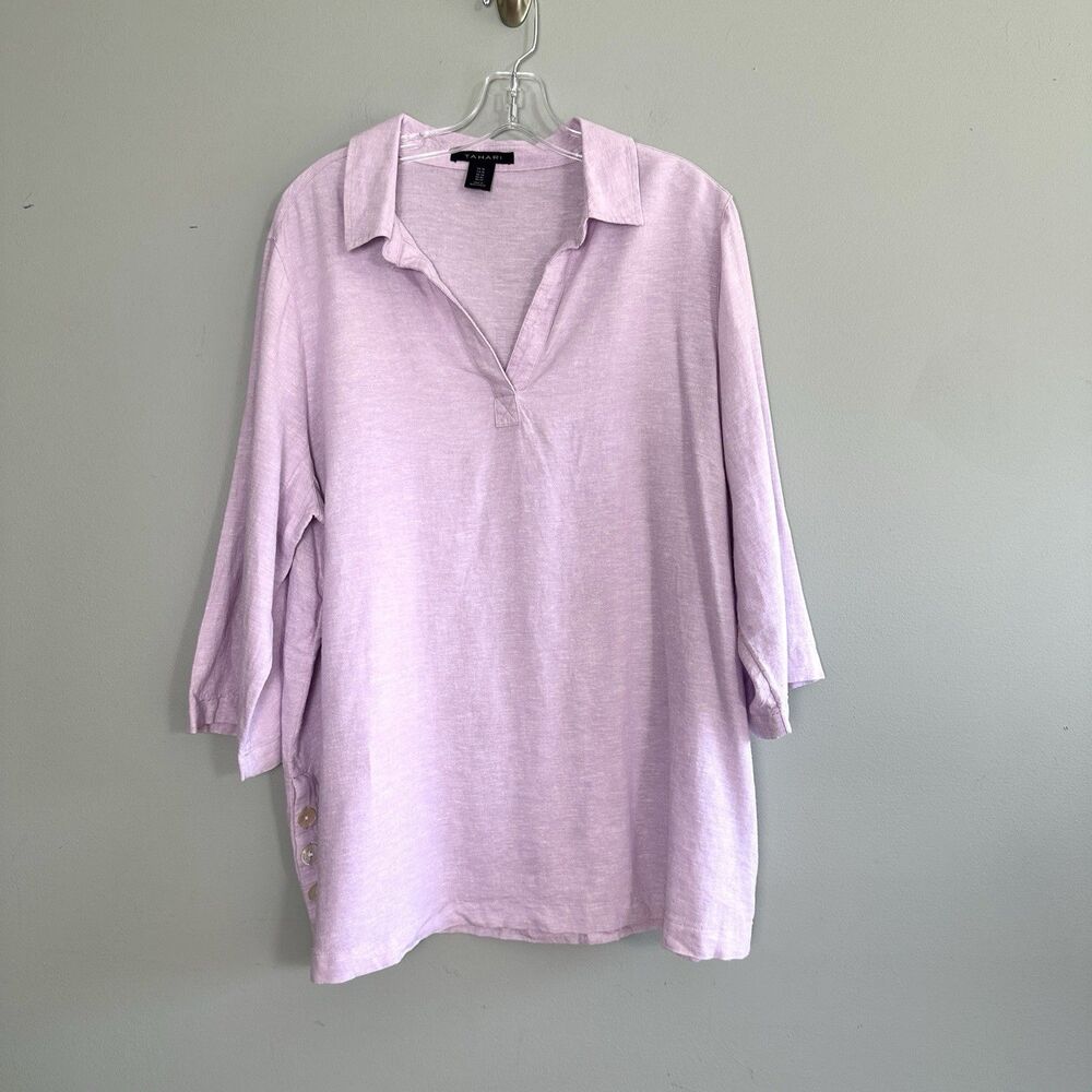TAHARI Tunic Top Linen Blend Blouse Womens 1X Purple 3/4 Sleeve Coastal